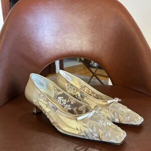 Stuart Weitzman Gold Lace Low Heel Pumps with Bow Accent